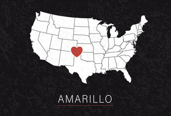 Love Amarillo Picture. Map of United States with Heart as City Point. Vector Stock Illustration