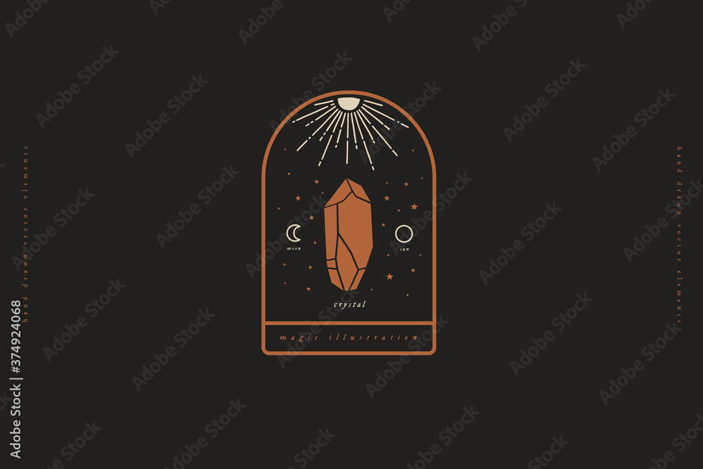 Poster mystical symbol for spiritual practices. crystal quartz sparkle. occult symbol in minimalist style o