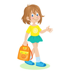 Little cute girl goes to school with a backpack in hand. In cartoon style. Isolated on white background. Vector flat illustration