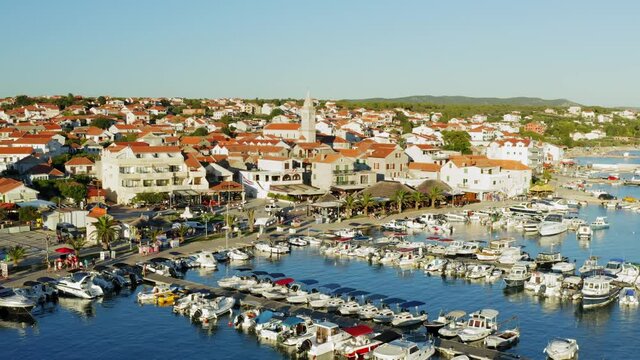 Aerial view of evening in Pakostane town in Adriatic Sea, Croatia