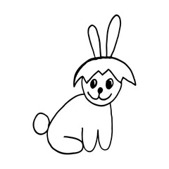 Cute Easter bunnies. Hand drawn vector illustration in doodle style. Festive characters with egg shell. Line art drawing