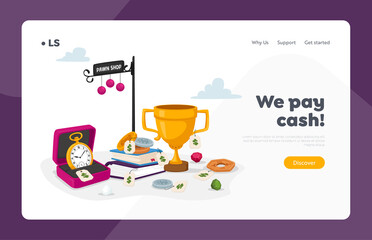 Pawnshop Business Landing Page Template. Pawn Shop with Antique Things Gold Watches, Goblet and Books with Coins