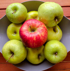 Delicious red and green apples on the table.