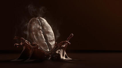 robusta coffee bean with smoke on splash coffee. 3D rendering.