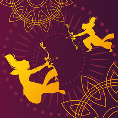 silhouettes of Lord Rama with bow and arrow for the Indian festival Dussehra