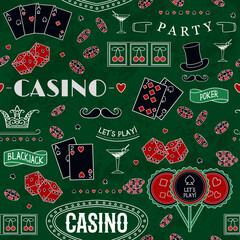 Casino theme. Seamless pattern with decorative elements on green texture cloth. Gambling symbols. Vintage vector illustration