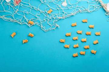 Underwater life represented with goldfish crackers on blue background, flat lay