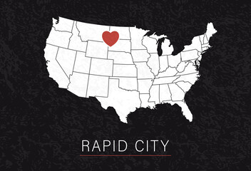 Rapid City Picture. Map of United States with Heart as City Point. Vector Stock Illustration