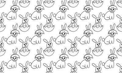 Fototapeta na wymiar Cute Easter bunnies illustration. Hand drawn vector seamless pattern in doodle style. Festive characters with egg shell. Line art drawing