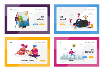 Tattoo salon, Virtual Reality Glasses, Painting Hobby and Scooter Riding Landing Page Template Set. People in Vr Goggles