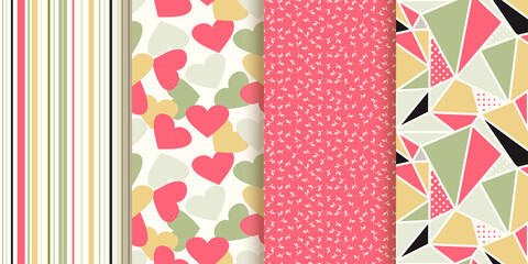 Set of Abstract seamless hand drawn patterns. Template greeting card, invitation and advertising banner, brochure. Cute Valentine cards. Wrapping paper for present.