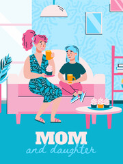 Mother and daughter sitting on sofa drinking tea and eating cakes at home banner. Conversation between mom and kid poster, flat cartoon vector illustration