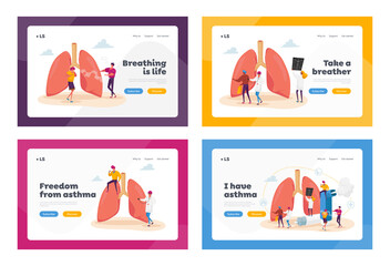 Pulmonology and Asthma Landing Page Template Set. Tiny Characters at Huge Lungs and Inhaler, Respiratory System Exam