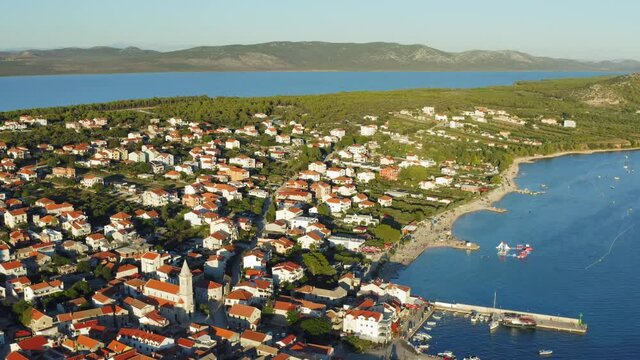Aerial view of evening in Pakostane town in Adriatic Sea, Croatia