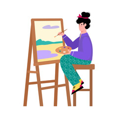 Beautiful painter artist woman sitting at easel and painting on canvas, cartoon vector illustration isolated on white background. Creative hobby and interests of people.