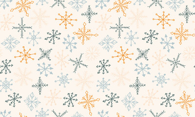 Snowflake simple doodle illusatration. Hand drawn snow seamless pattern on white background. Winter season, Christmas celebration