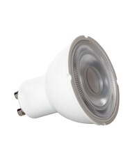 Isolated cutout LED spotlight bulb with UK GU10 fitting and set against white background