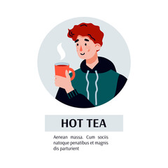 Young man recovering from cold drinking hot tea. Guy getting better after fighting disease, flat cartoon vector illustration isolated white background