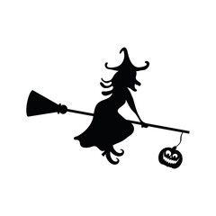 halloween witch flying in broom with pumpkin hanging silhouette