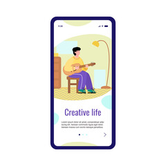 Onboarding page template with man playing guitar, flat cartoon vector illustration. Design for online music classes for creative people engage with music art.