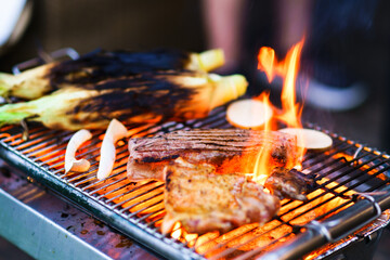 バーベキューで炭火でビーフステーキを焼く　【アウトドアの醍醐味】