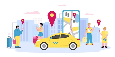 Online taxi banner with people calling taxi using smartphone, cartoon vector illustration. Men and women using commercial internet application for ordering taxi cab.