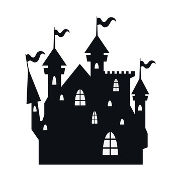 halloween haunted dark castle with flags silhouette style icon