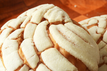 Detalle de pan dulce tradicional mexicano llamado Concha, Close up de pan dulce Concha mexicana