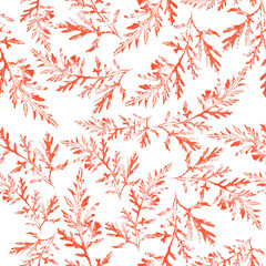 Red leaves, branches watercolor, autumn background, bright seamless pattern, textile