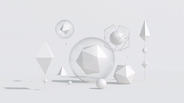 White geometric shapes in glass spheres. Monochrome  abstract animation, 3d render.	