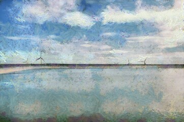 The landscape of the reservoir  Illustrations creates an impressionist style of painting.