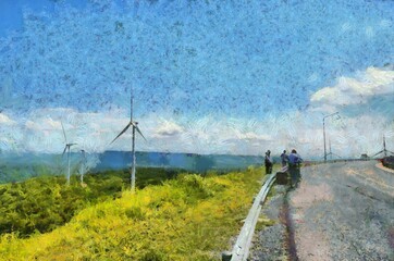 The landscape of the fields turned to generate electricity on the mountains  Illustrations creates an impressionist style of painting.
