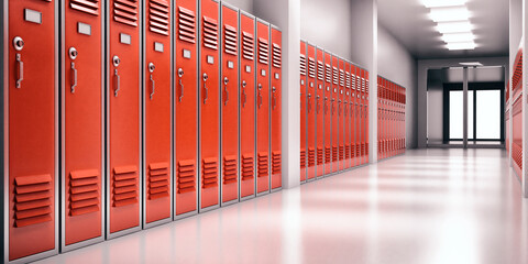 High school lobby with red color lockers, perspective view. Fitness Gym, sports club hallway. 3d illustration