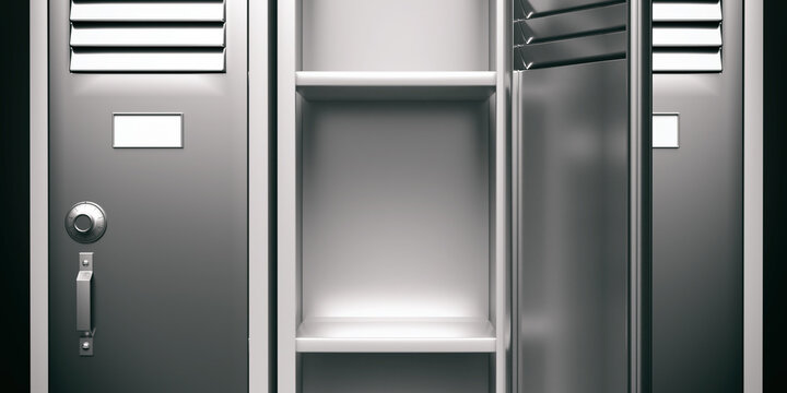 School, gym locker, grey color, empty with open door. 3d illustration