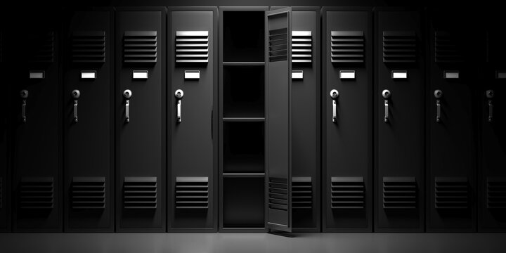 School, gym lockers, black color, one open door. 3d illustration