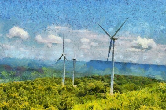 The landscape of the fields turned to generate electricity on the mountains  Illustrations creates an impressionist style of painting.