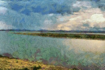 Landscape of the river  Illustrations creates an impressionist style of painting.