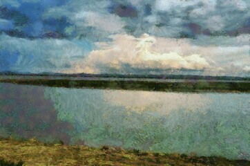 Landscape of the river  Illustrations creates an impressionist style of painting.