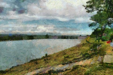 Landscape of the river  Illustrations creates an impressionist style of painting.