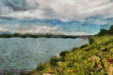 Landscape of the river  Illustrations creates an impressionist style of painting.