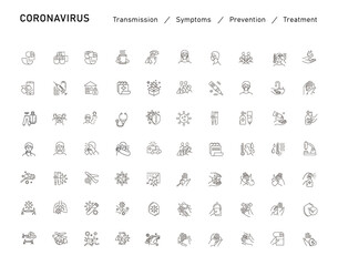 Set of Coronavirus Protection. Prevention of New epidemic 2019-nCoV icon set for infographic or website. Safety, health, remedies and prevention of viral diseases. Isolation. Vector illustration