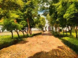 Landscape of ancient Thai architecture  Illustrations creates an impressionist style of painting.