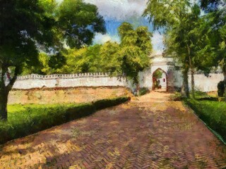 Fototapeta na wymiar Landscape of ancient Thai architecture Illustrations creates an impressionist style of painting.