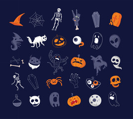 Helloween characters and elements collection. Vector Illustration
