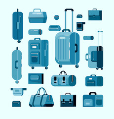 Set of bags, luggage and suitcase. Vector Flat style illustration