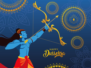 poster of lord Rama with bow and arrow in happy Dussehra