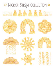 Rainbow, Sun, Cloud and Star, Rain Illustration. Wicker straw pattern. Macrame gouache art. Yellow, beige. Boho, rustic design