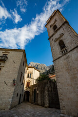 Fototapeta na wymiar Street winter view, the old town of Kotor, Montenegro. Old European city on the Balkans with historical, architectural and cultural significance