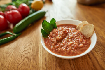 Close up of bowl of tomato soup or Pappa al Pomodoro. The soup with tomatoes and bread, traditional...