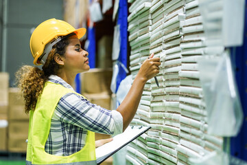 Woman warehouse worker in safety hat and jacket checking stock in storage before supply to customer